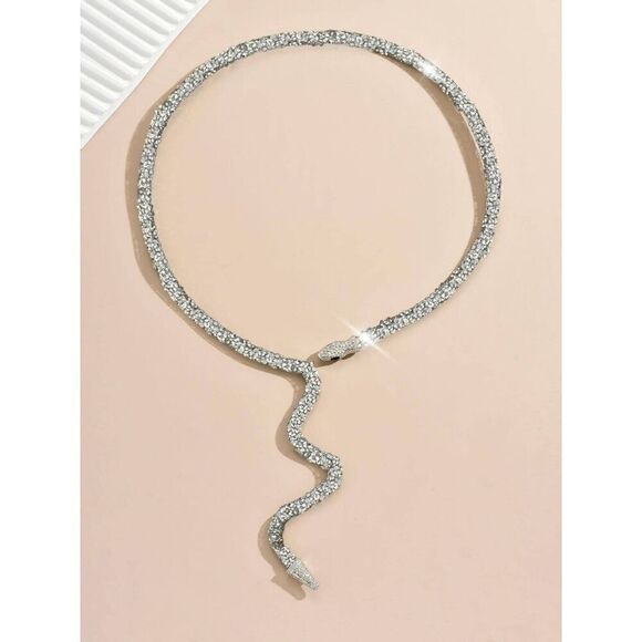 ✨💎🐍 Snake Rhinestone Bendable Design Blingy Statement Open Choker Necklace NEW - Picture 15 of 16